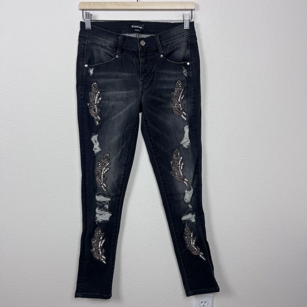 Bebe Jeans Womens Twenty Seven Skinny Rhinestone Beaded Destroyed Whimsigoth